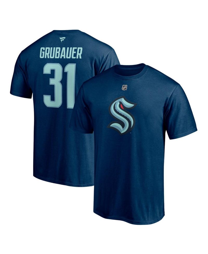 Men's Philipp Grubauer Deep Sea Blue Seattle Kraken Authentic Stack Name and Number T-shirt