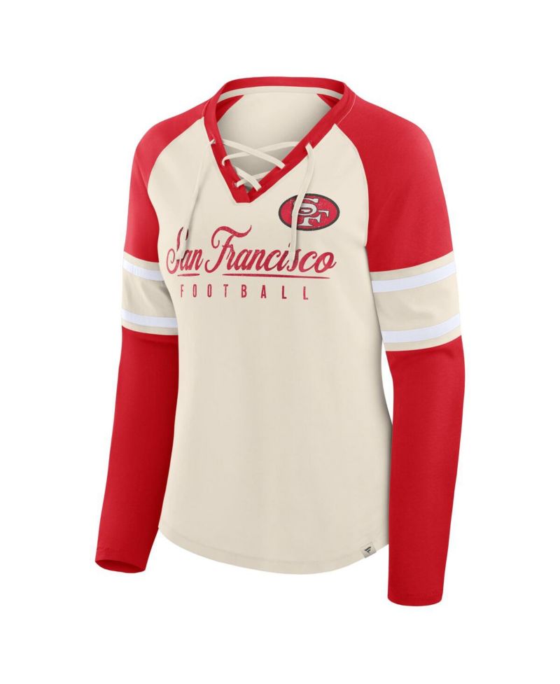 Women's Cream/Scarlet San Francisco 49ers Hometown Gridiron Hero Raglan Lace-Up V-Neck Long Sleeve T-Shirt