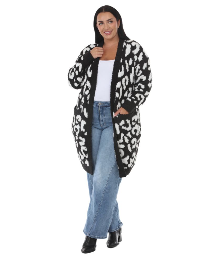 Plus Size Leopard-Print Sherpa Open-Front Cardigan Sweater