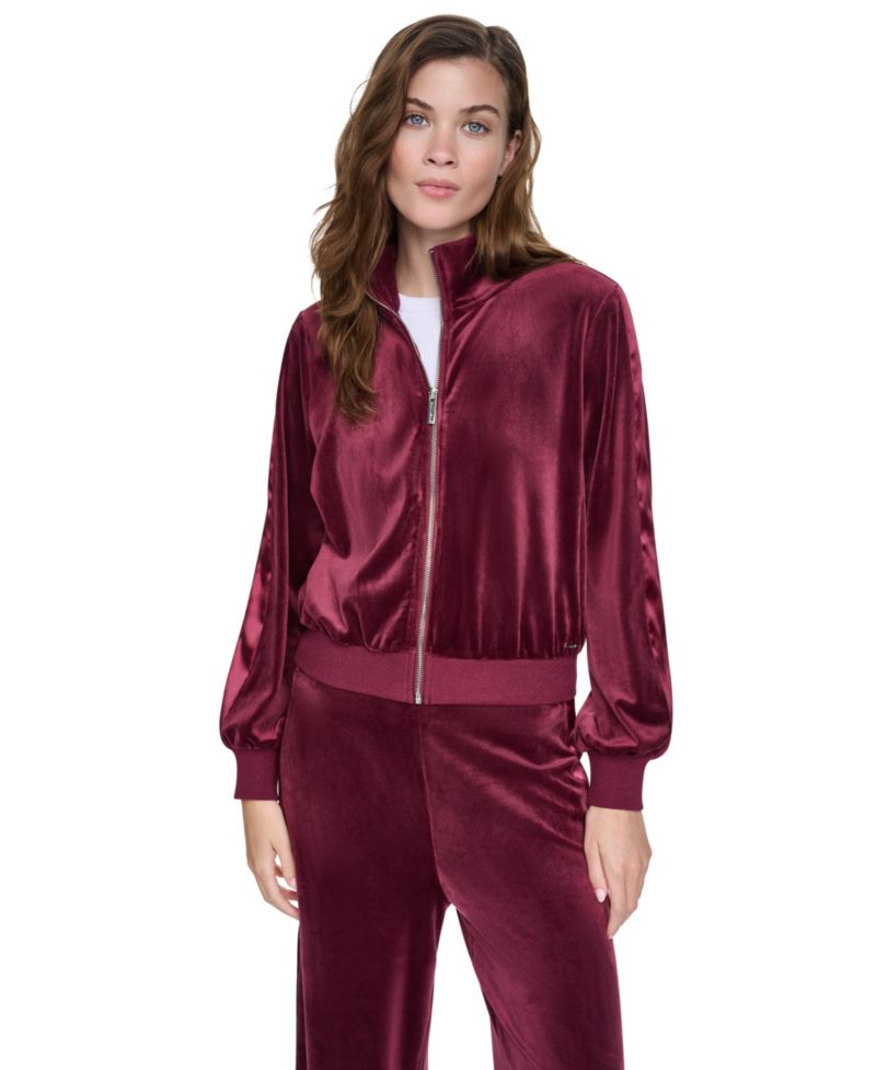 Petite Velour and Satin Trim Mock-Neck Zip-Front Jacket