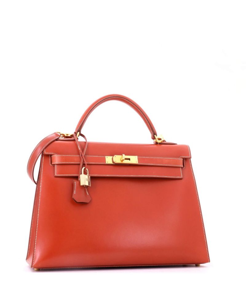 Kelly 32 Handbag Orange Box Calf with Gold Hardware