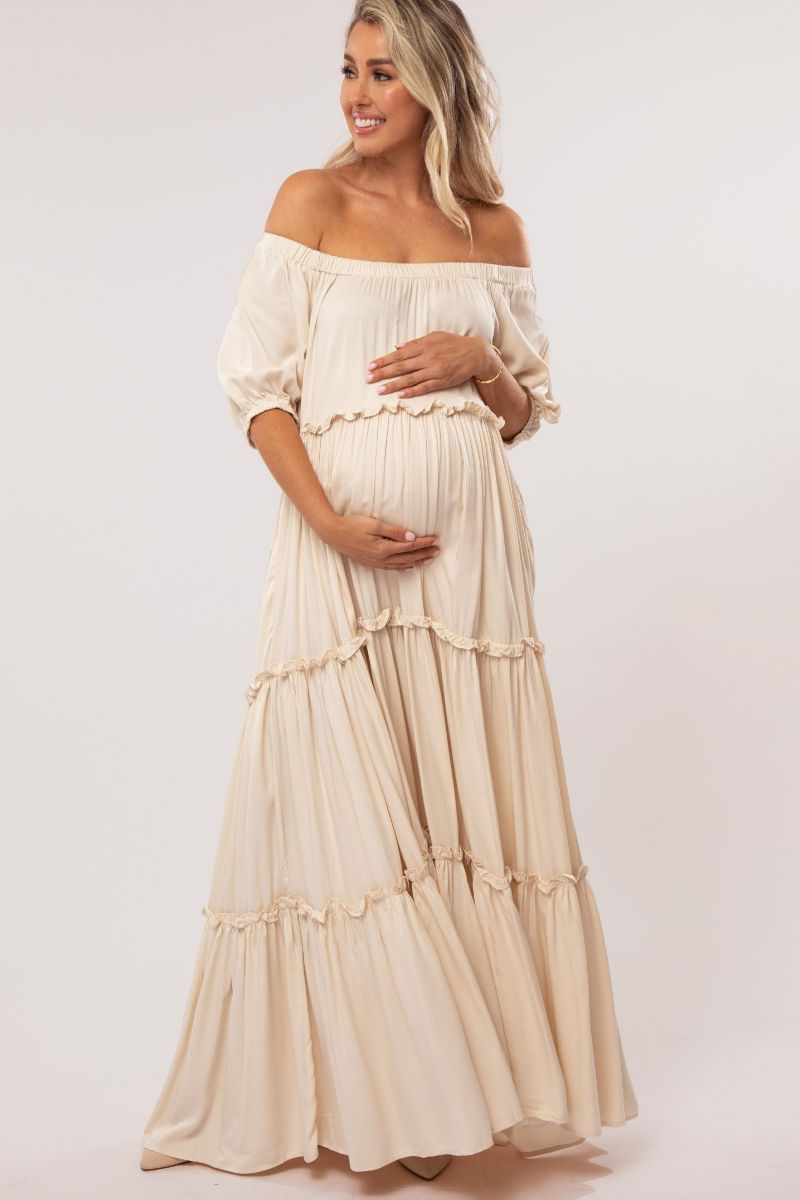 Women's Cream Off Shoulder Ruffle Tiered Maxi Dress