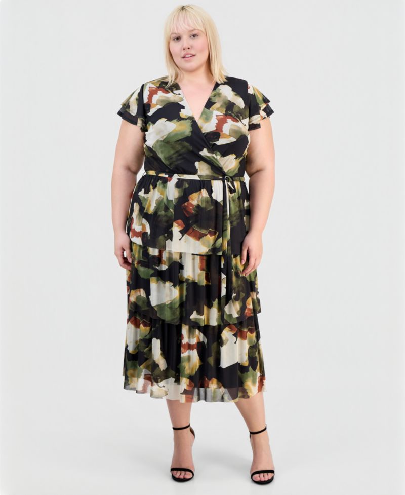 Plus Size Printed Tiered V-Neck Midi Dress