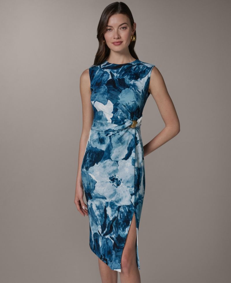 Women's Crewneck Sheath Ribbed Knot Sleeveless Midi Dress