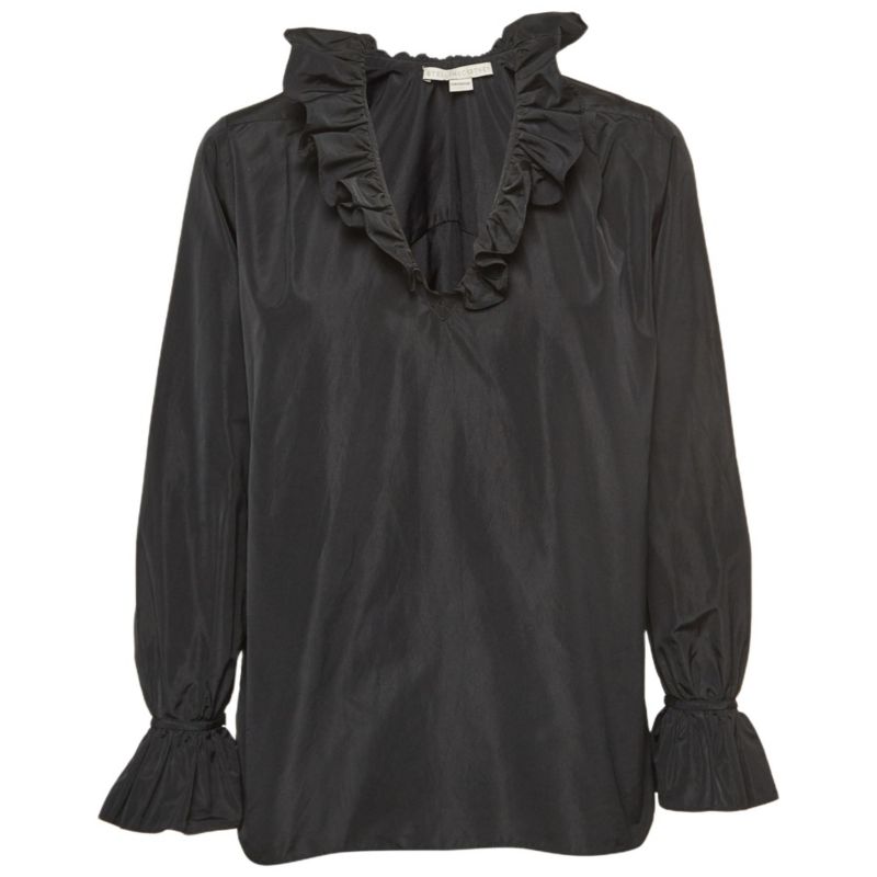 Women's Black Silk Blend Crepe Ruffled V Neck Top