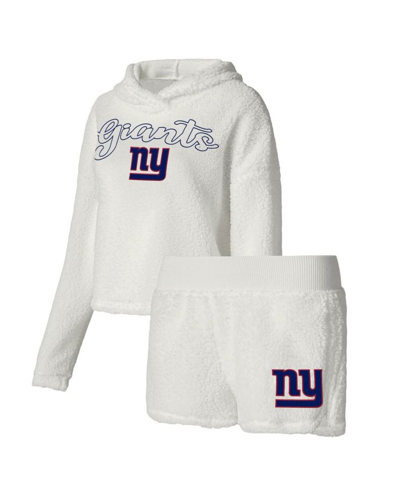 Women's White New York Giants Fluffy Pullover Sweatshirt and Shorts Sleep Set