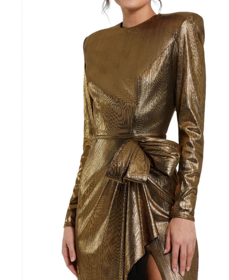 Petite Metallic Long Sleeve Gown With Bow