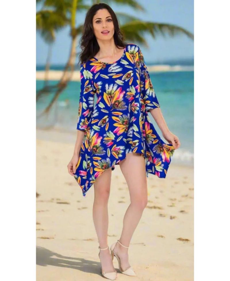 Women's Shark-Bite Asymmetrical Tropical Print Knit Resort Dress