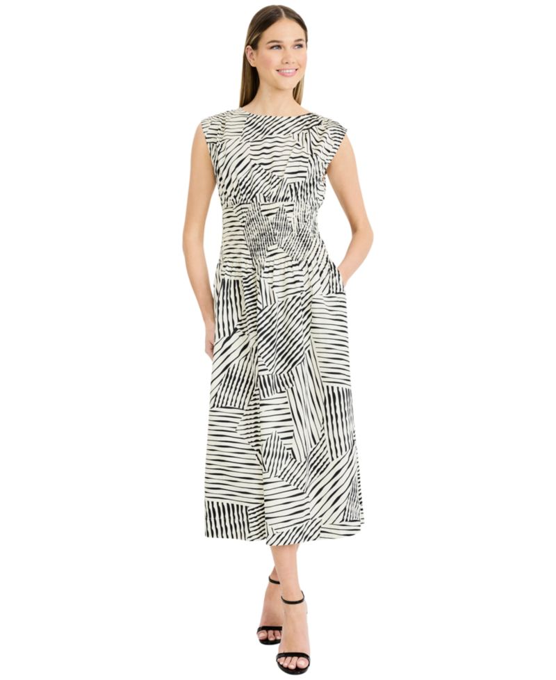 Women's Printed Boat Neck Sleeveless Midi Dress