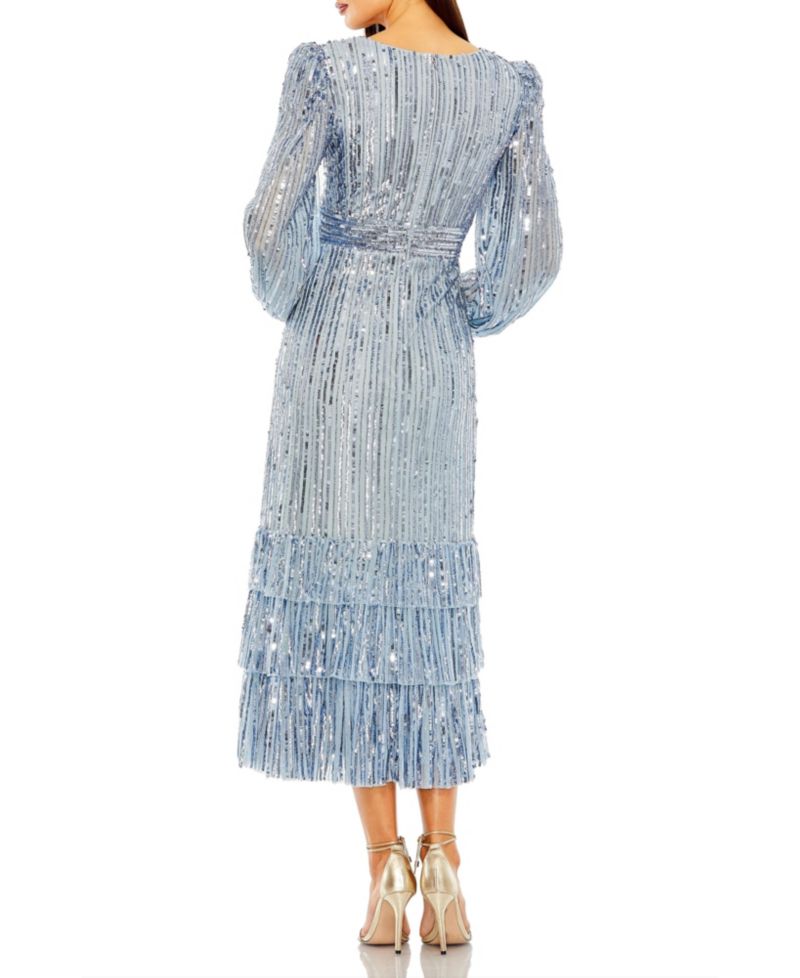 Women's Long Sleeve Deep V Tiered Ruffle Sequin Dress