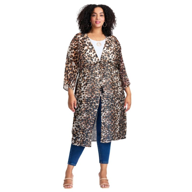Women's Plus Size Tie-Front Duster Kimono Sweater