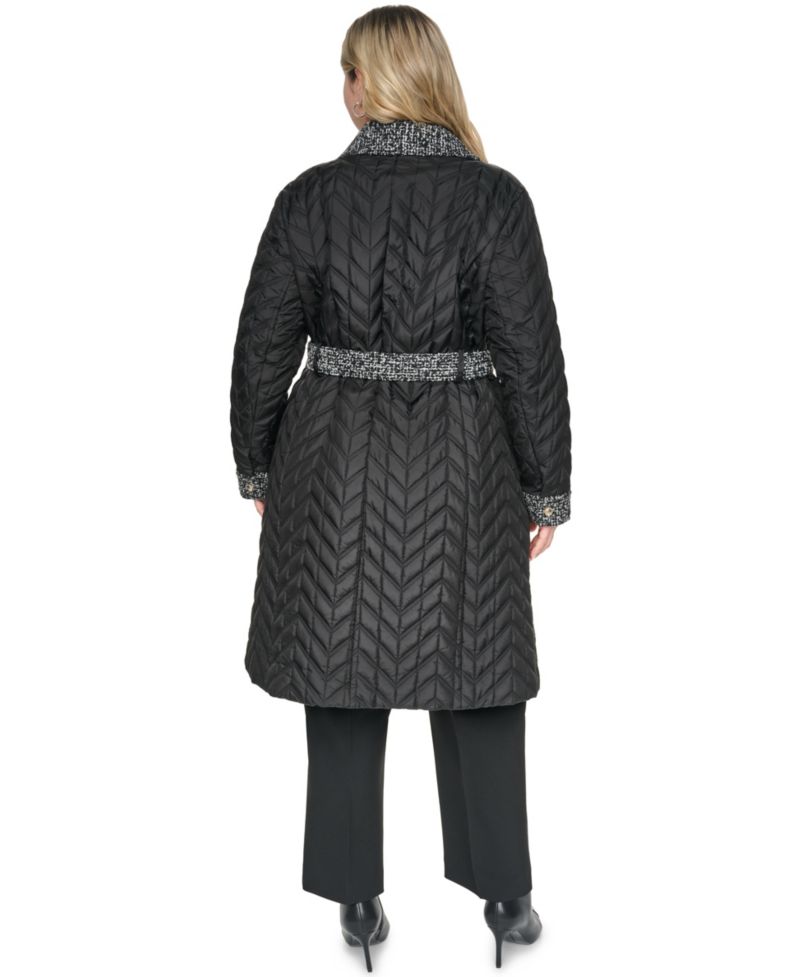 Plus Size Long Quilted Tweed-Trim Coat