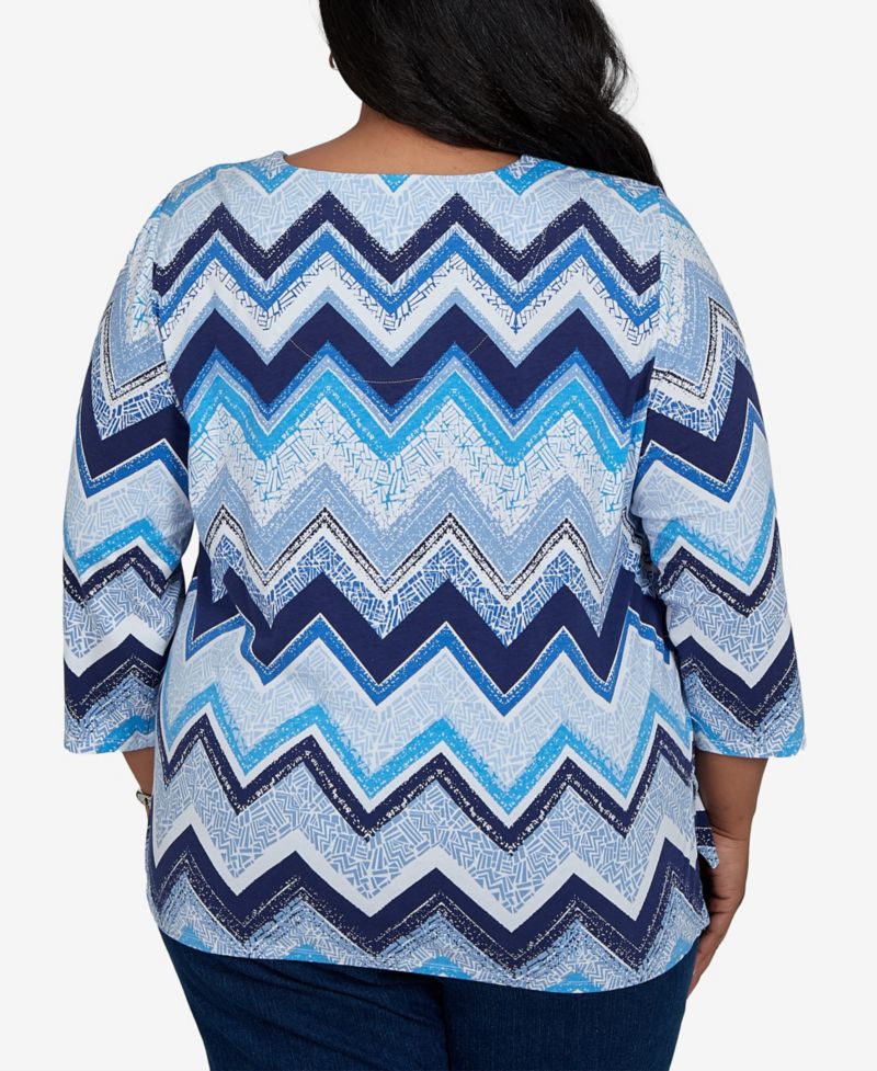 Plus Size Chevron Blues Split Neck Top