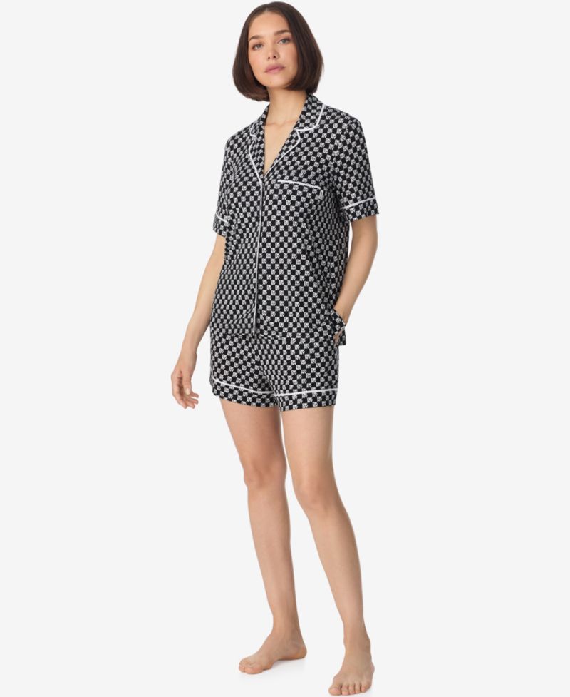 Women's Sleepwear Short-Sleeve Notch Collar Top & Boxers, 2-Piece Set