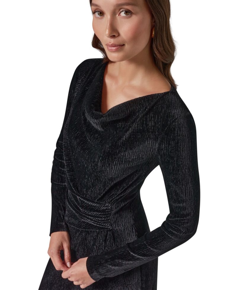 Women's Cowl-Neck Long-Sleeve Velvet A-Line Dress