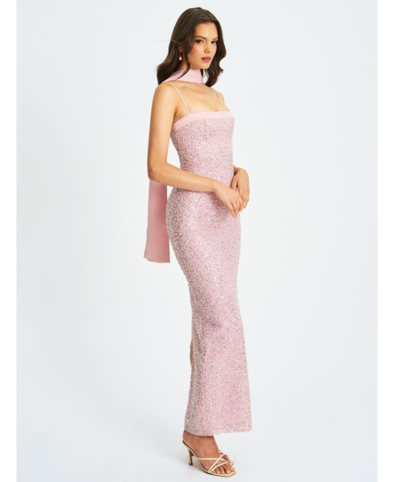 Women Raizel Pink Beaded Sequin Bodycon Gown with Scarf