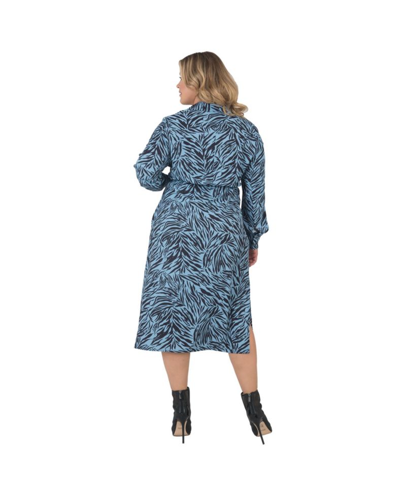 Plus Size Long Sleeve Zebra Print Tie-Front Midi Shirt Dress