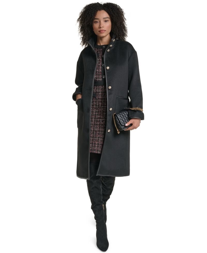 Women's Wool-Blend Faux-Leather Trimmed Funnel Neck Long Coat