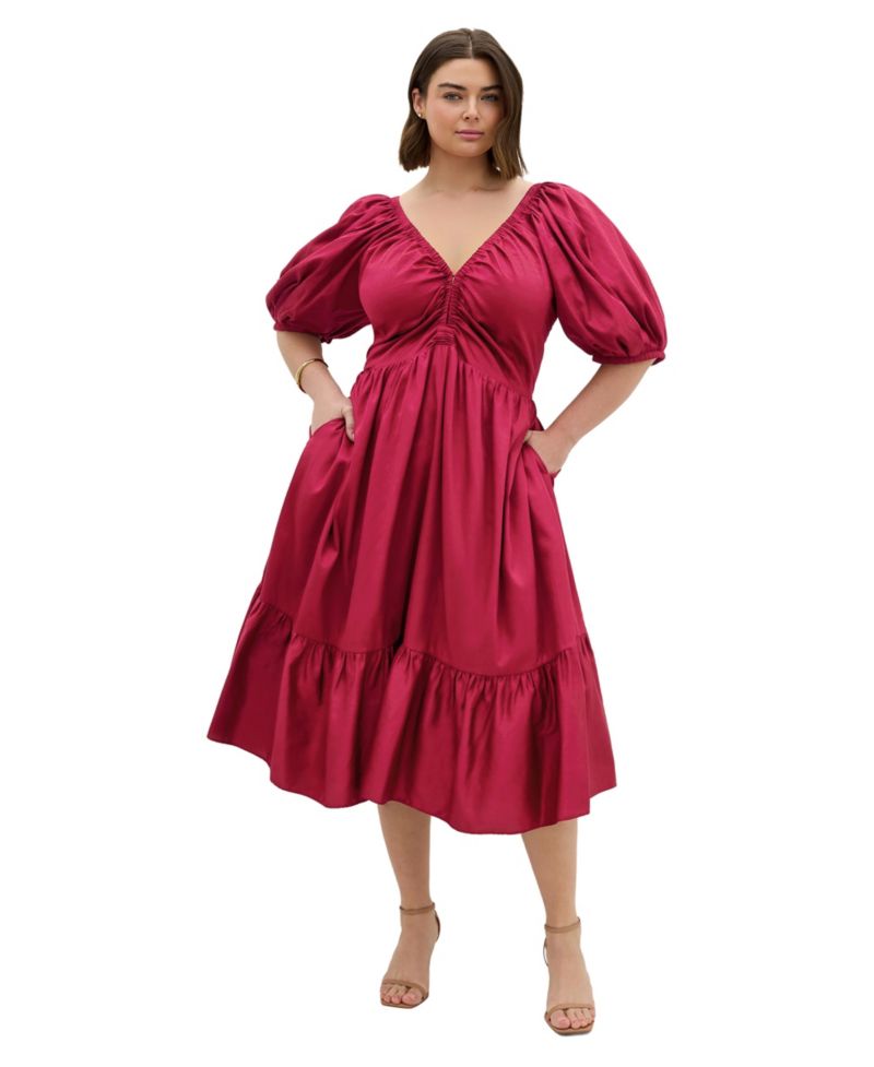 Plus Size Gracie V-Neck Puff Sleeve Cotton Dress