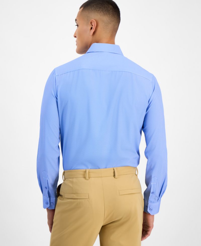 Men's Slim-Fit Performance Four-Way Stretch Mini Plaid Dress Shirt