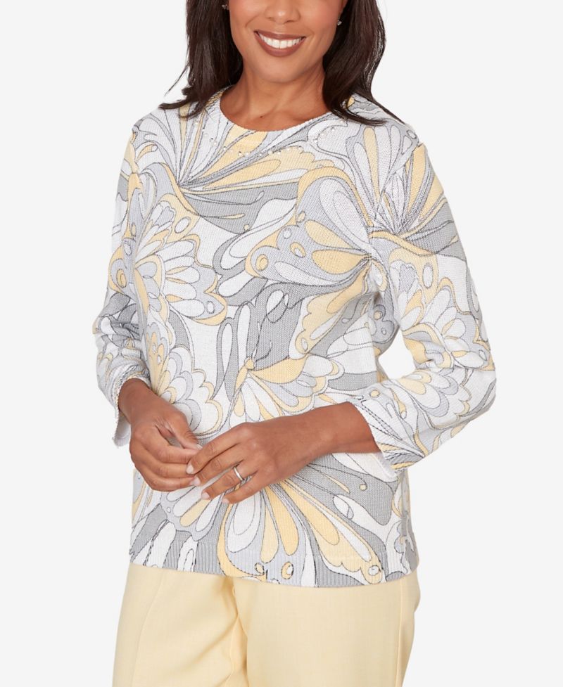 Women's Al Fresco Abstract Butterfly Ribbed Crew Neck Sweater