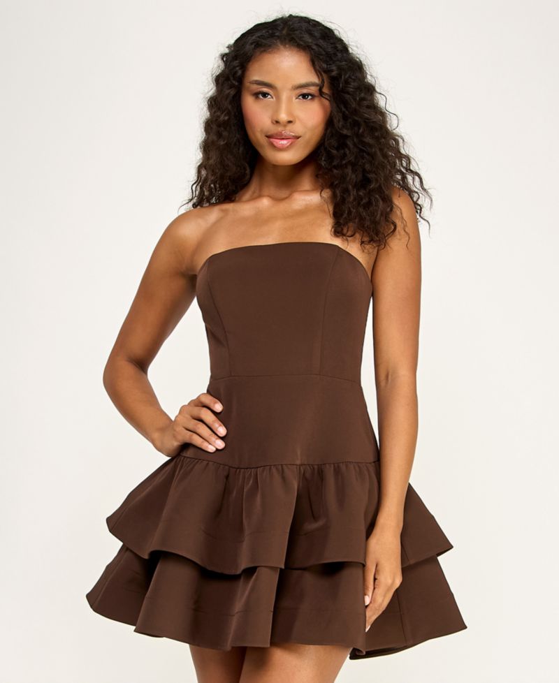 Juniors' Strapless Drop-Waist Tiered Mini Dress