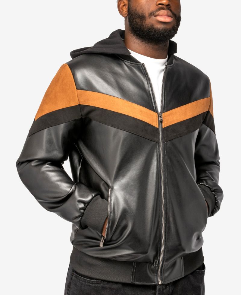 XRAY Men's Shiny PU Hooded Jacket With Faux Suede Detailing And Faux Shearling Lining
