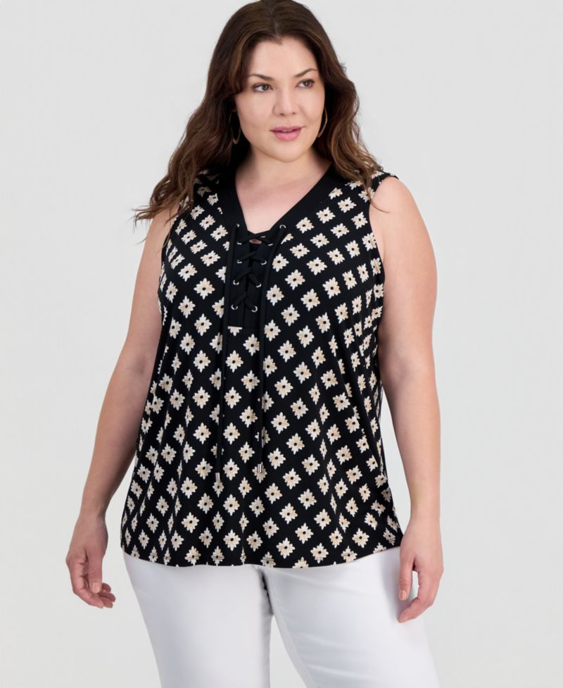Petite Printed Lace-Up Sleeveless Top