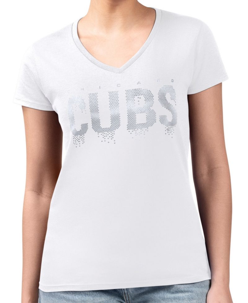 Women's White Chicago Cubs Metallic Drop Lightweight V-Neck T-Shirt