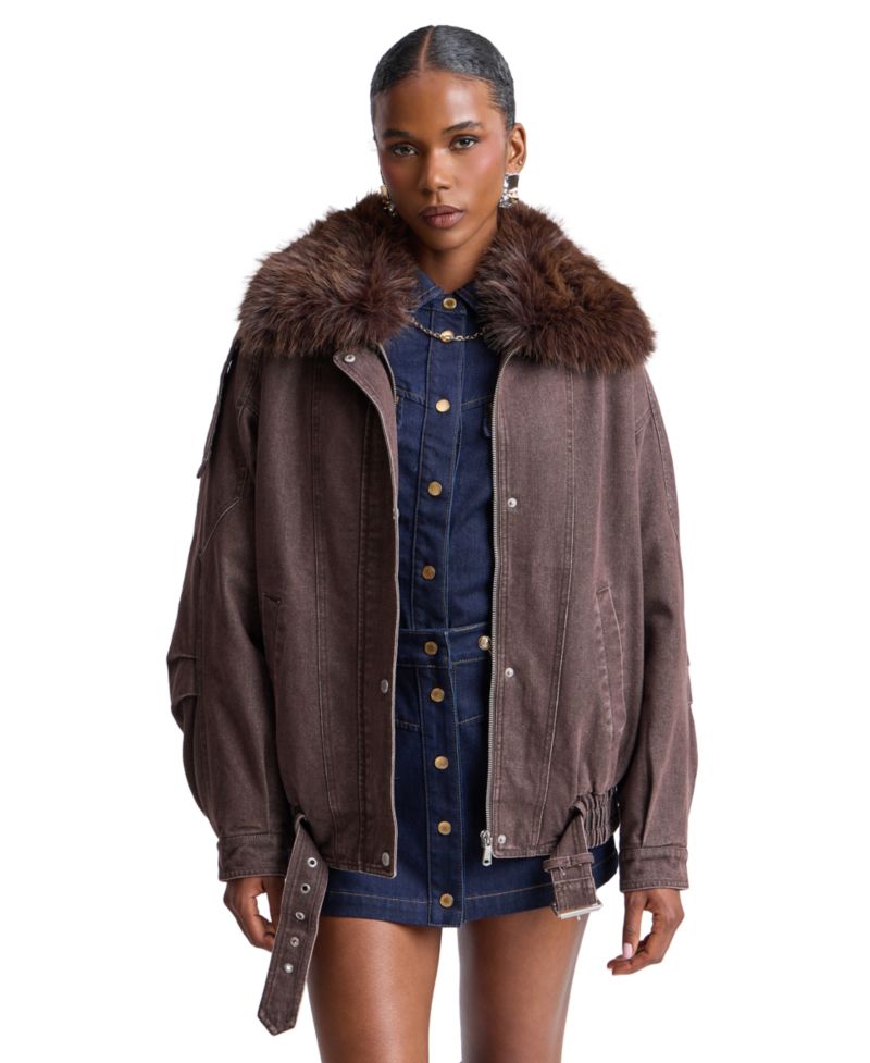 Women's Oversized-Fit Detachable Faux Fur Collar Bomber Coat