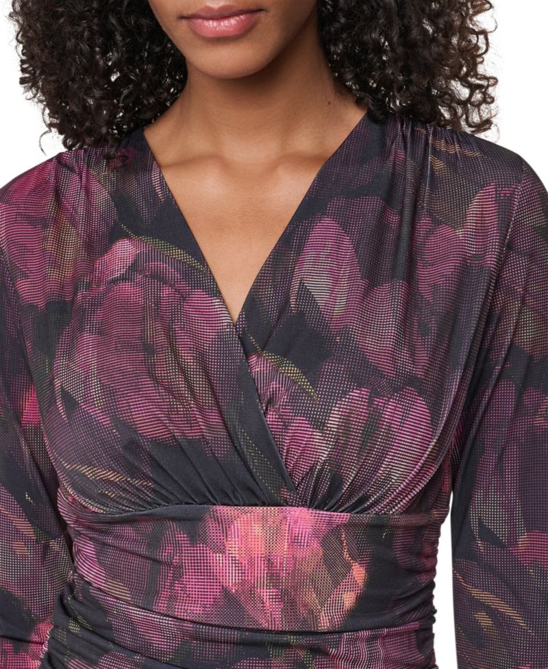 Women's Floral-Print Ruched Long-Sleeve V-Neck Blouse