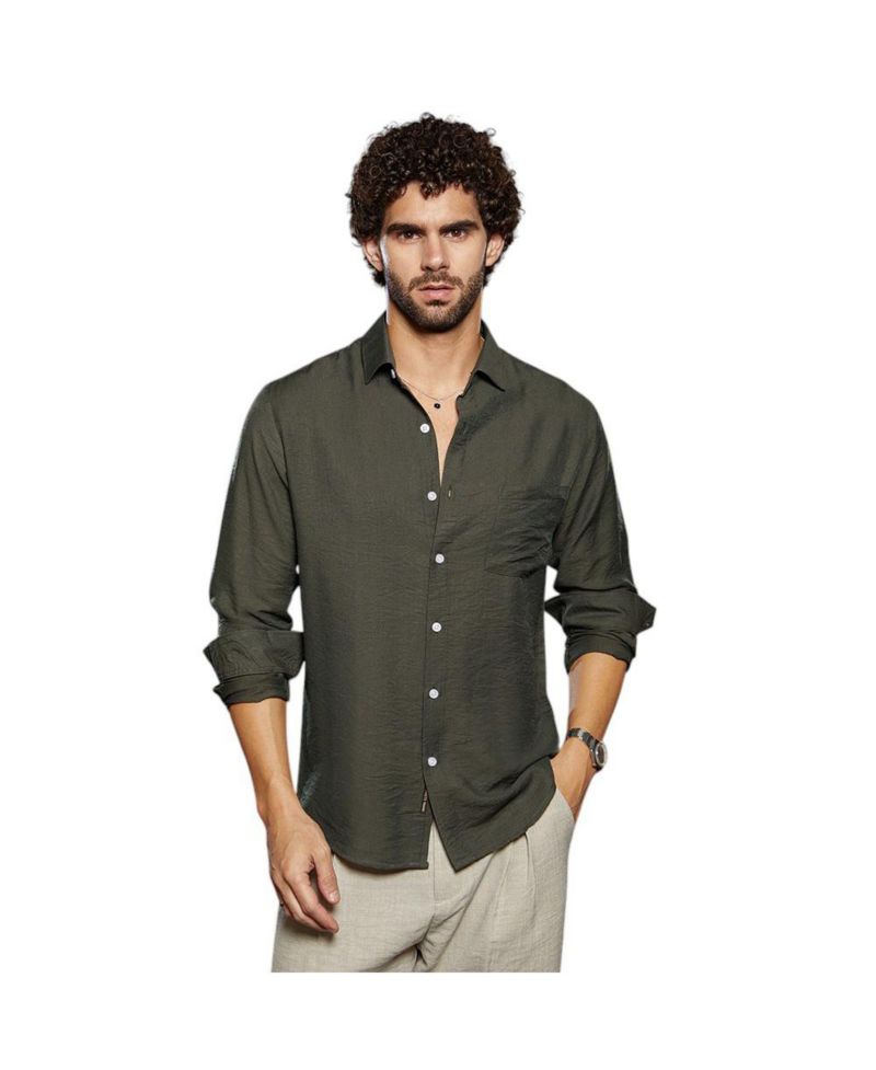 Men's Olive Green Breezy Wrinked Relaxed Shirt