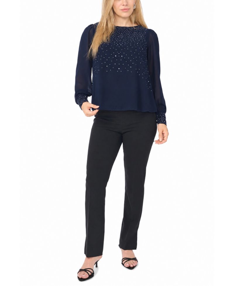Petite Rhinestone-Embellished Long-Sleeve Blouse