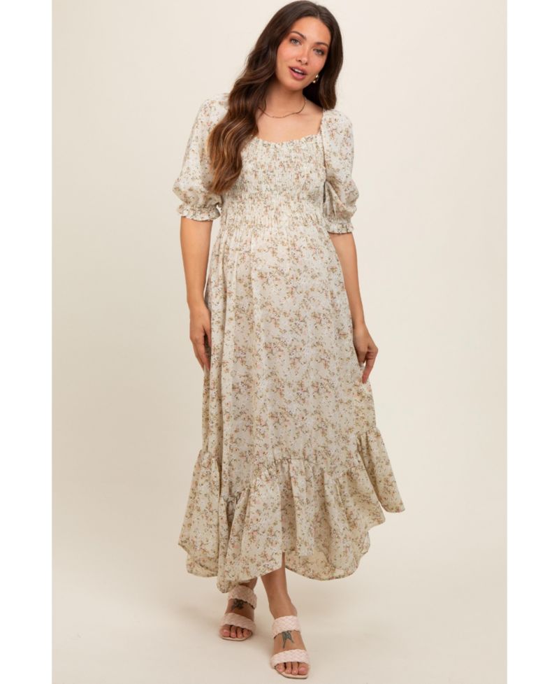 Women's Light Olive Smocked Handkerchief Hem Dress