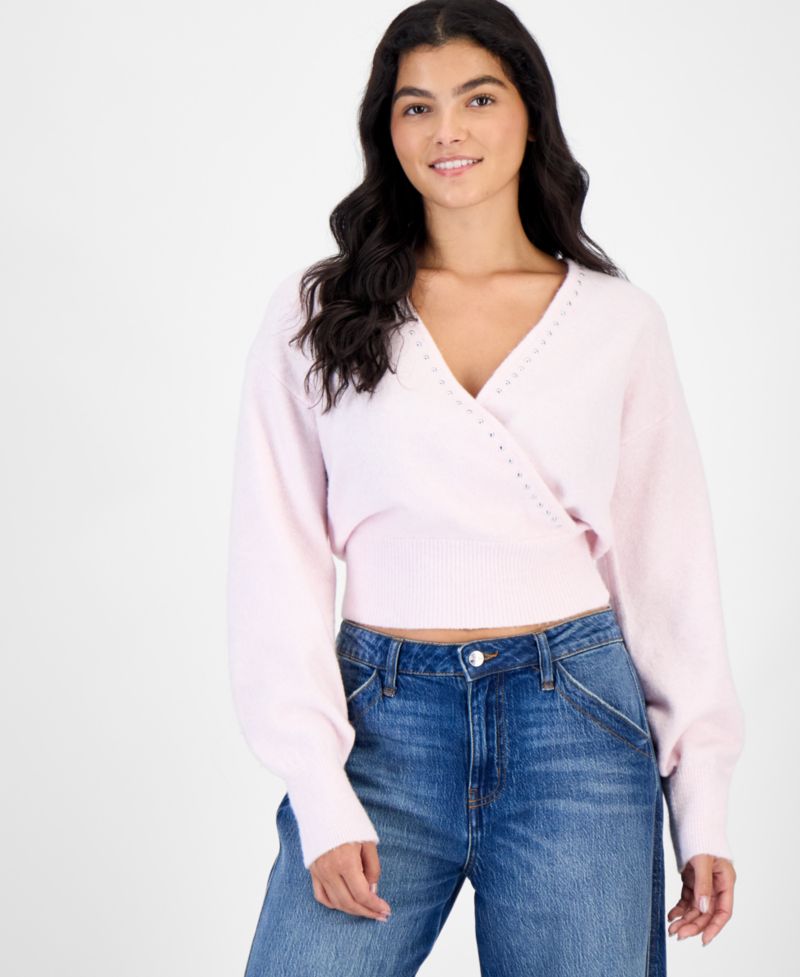 Juniors' Surplice Studded Pullover Sweater