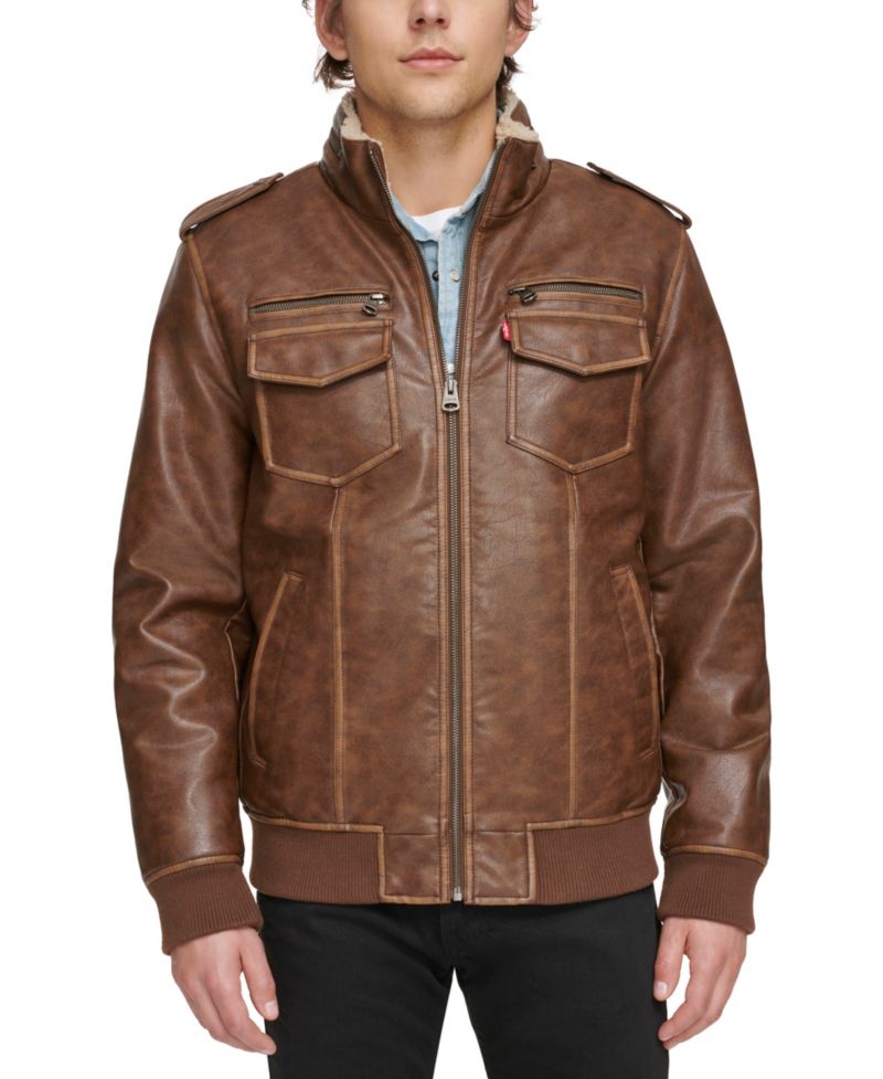 Men's Sherpa Lined Faux Leather Aviator Bomber