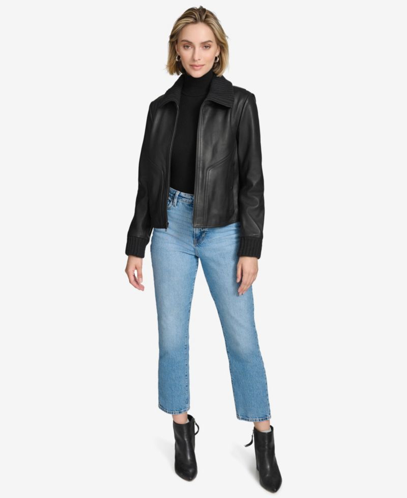 Women's Beatrix Rib-Knit Trimmed Leather Jacket