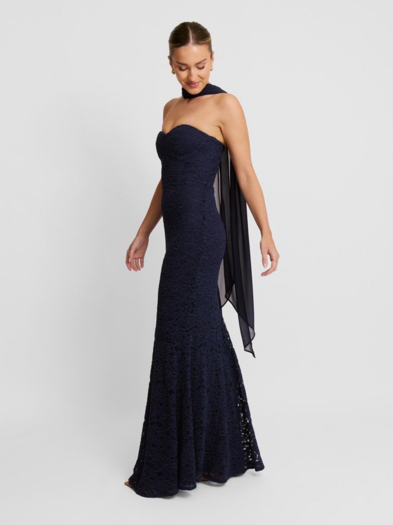 Women's Lace Corset Maxi Dress With Neck Scarf