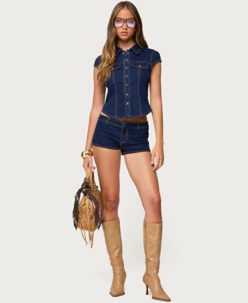 Women's Contrast Stitch Button Up Denim Shirt