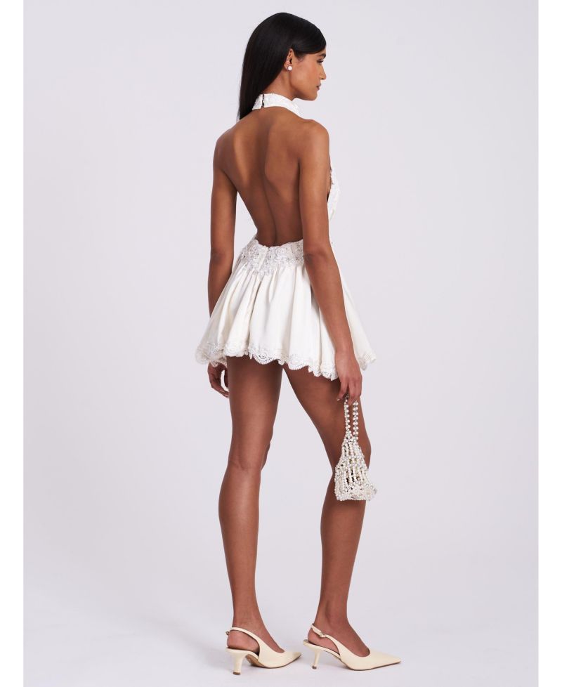Women's Idalia Beaded Lace Trim Backless Halter Mini Dress