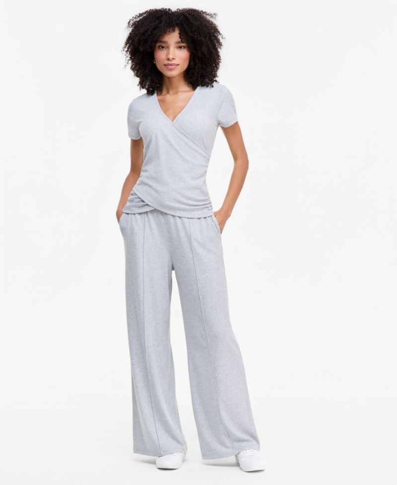 Women's Short Sleeve Rib Knit Faux Wrap T-Shirt