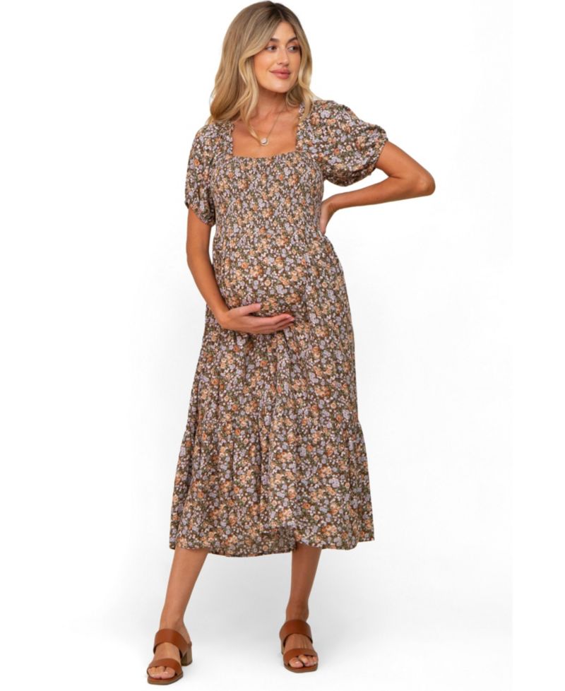 Women's Pink Floral Smocked Puff Sleeve Midi Dress