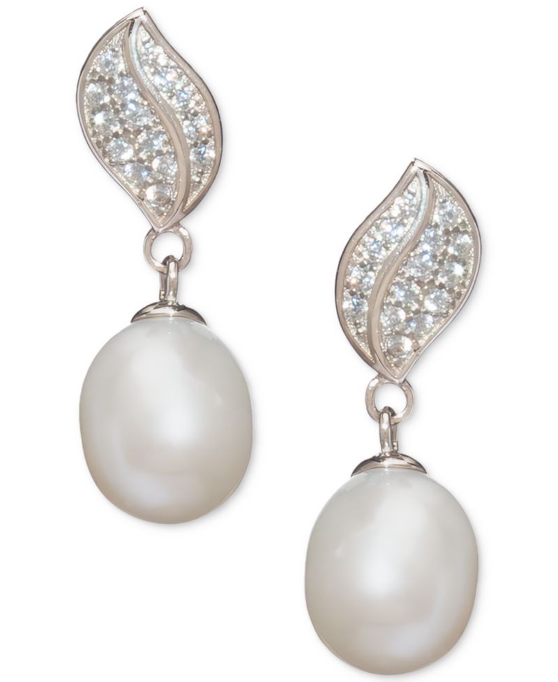 Cultured Freshwater Pearl (7x9mm) and Cubic Zirconia Pendant Necklace and Matching Drop Earrings Set in Sterling Silver