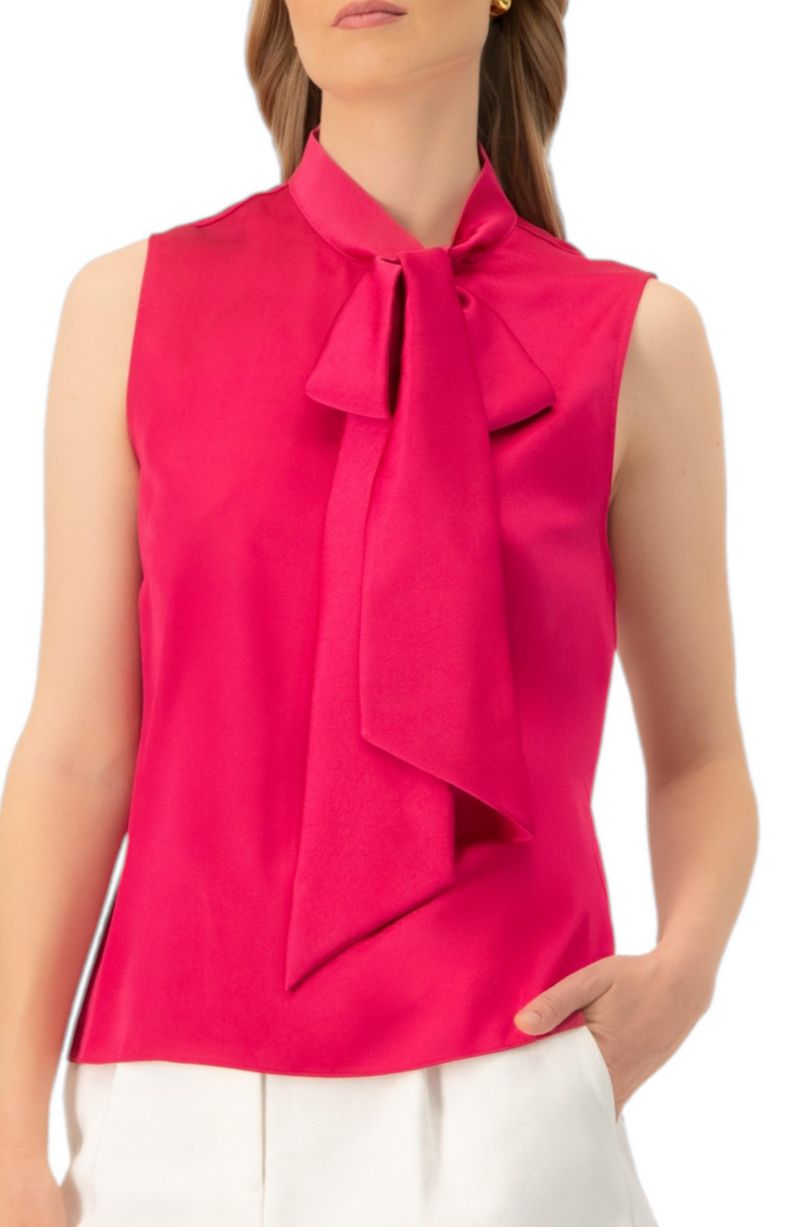 Women's Sleeveless Satin Blouse with Neck Tie