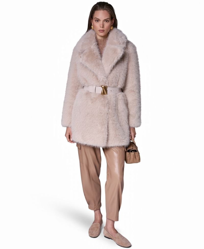Womens Belted Collared Faux Fur Coat