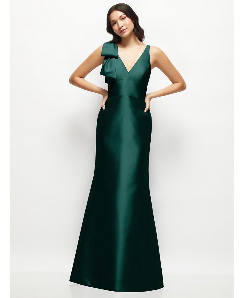 Women's Deep V-back Satin Trumpet Dress with Cascading Bow at One Shoulder