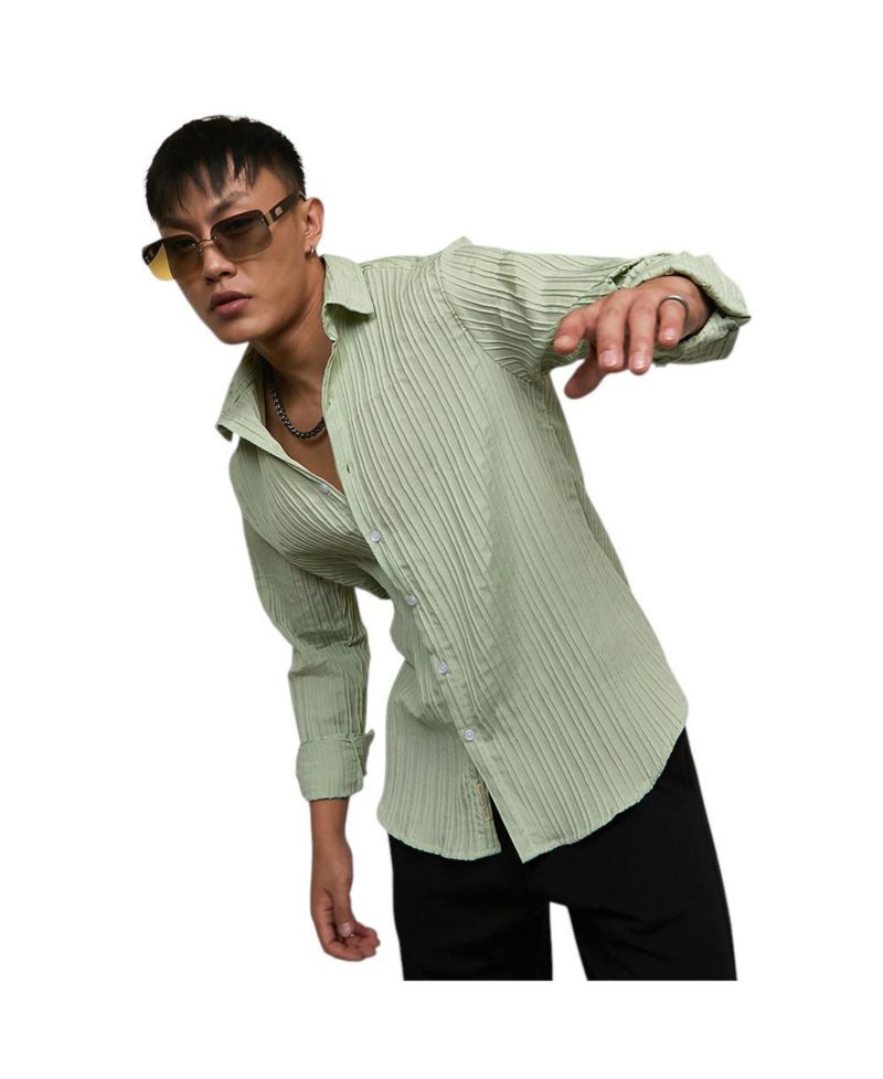 Men's Sage Green Self-Design Striped Shirt