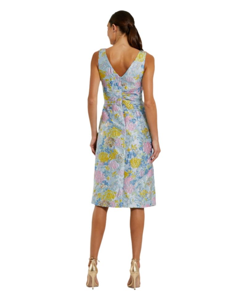 Women's Floral Brocade Sleeveless Midi Dress With Bow