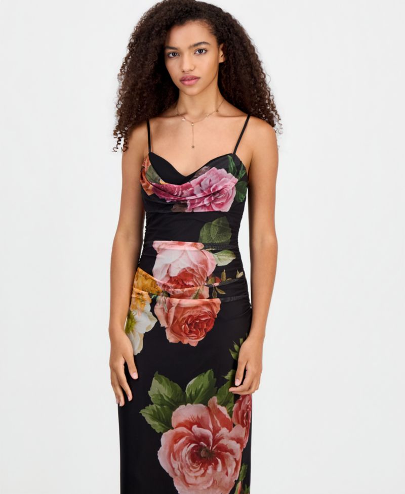 Juniors' Cowl Neck Floral Mesh Sleeveless Gown