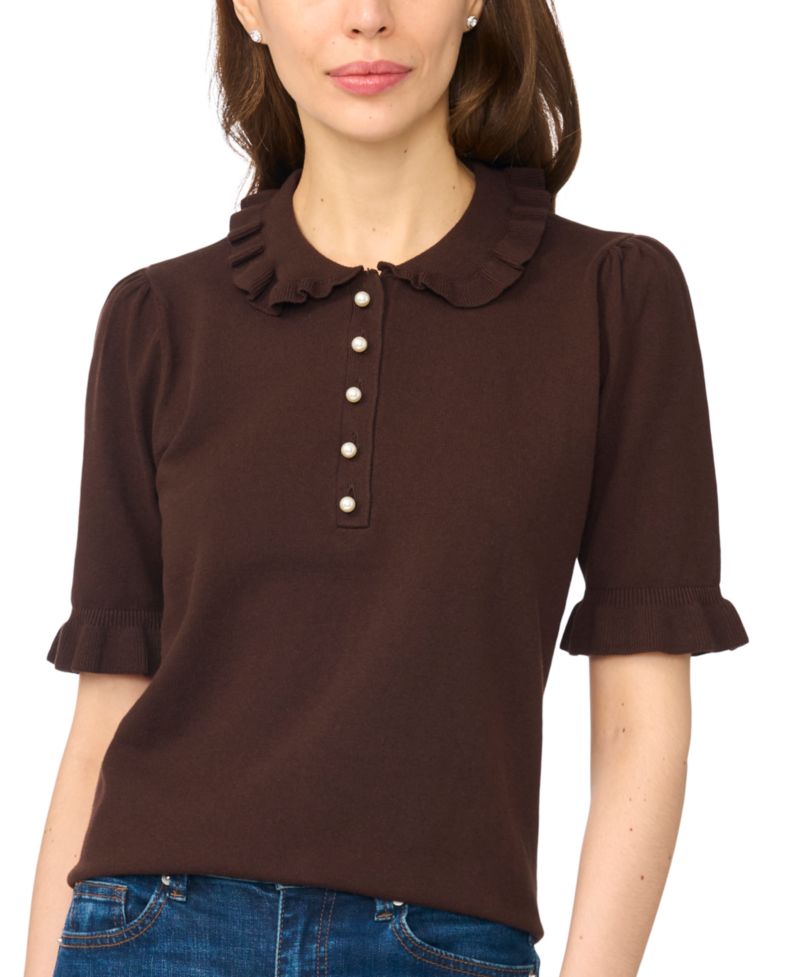 Women's Short-Sleeve Ruffle-Collar Ribbed-Knit Polo Sweater